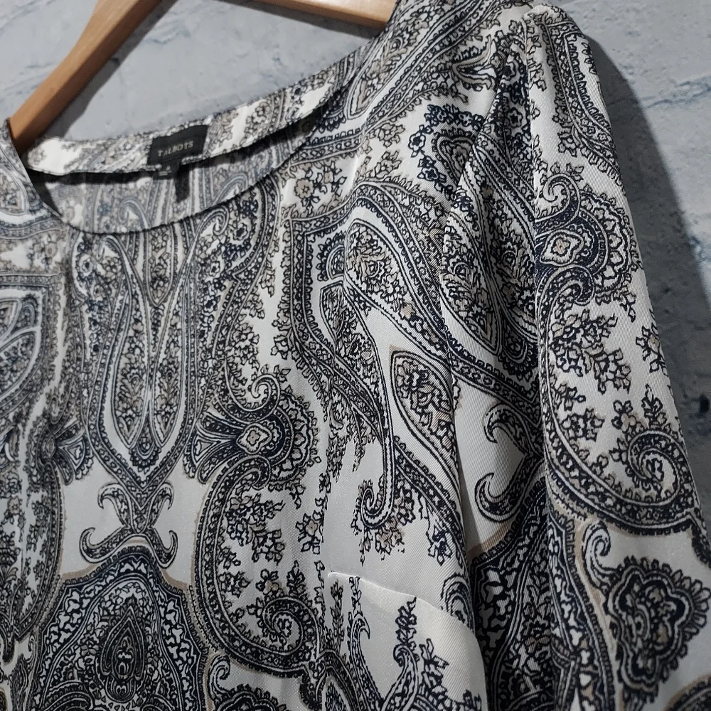 Talbots Womens 6 Black White Tan Floral Paisley Blouse Old Money Quite Luxury